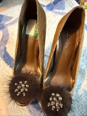 2 Lips Too Brown Fur Pom-Pom Heels with Crystal Cluster